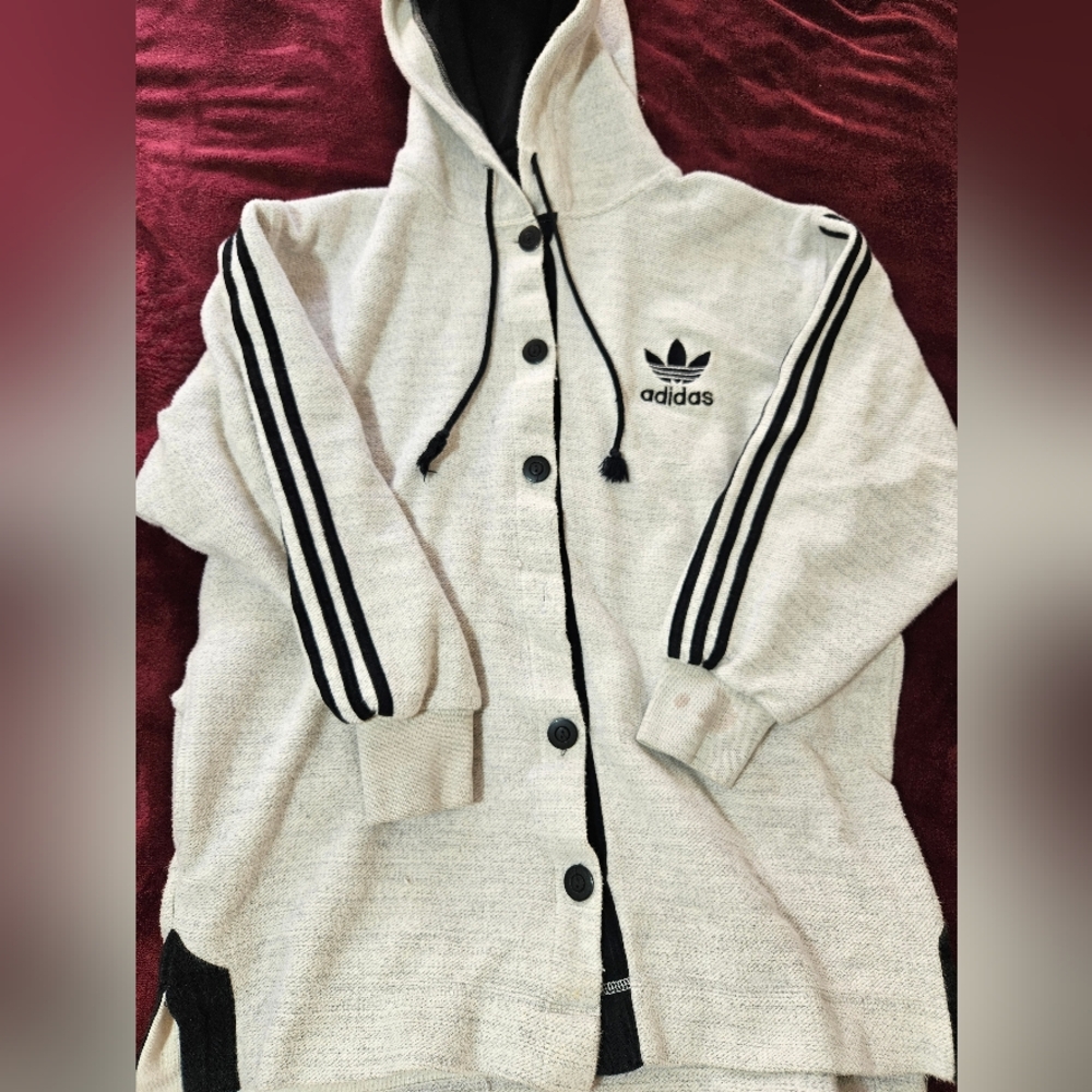 1990s Adidas Vintage Cardigan Hoodie Sweater Jacket Gray Button Up Mens M *Flaw - Picture 3 of 13